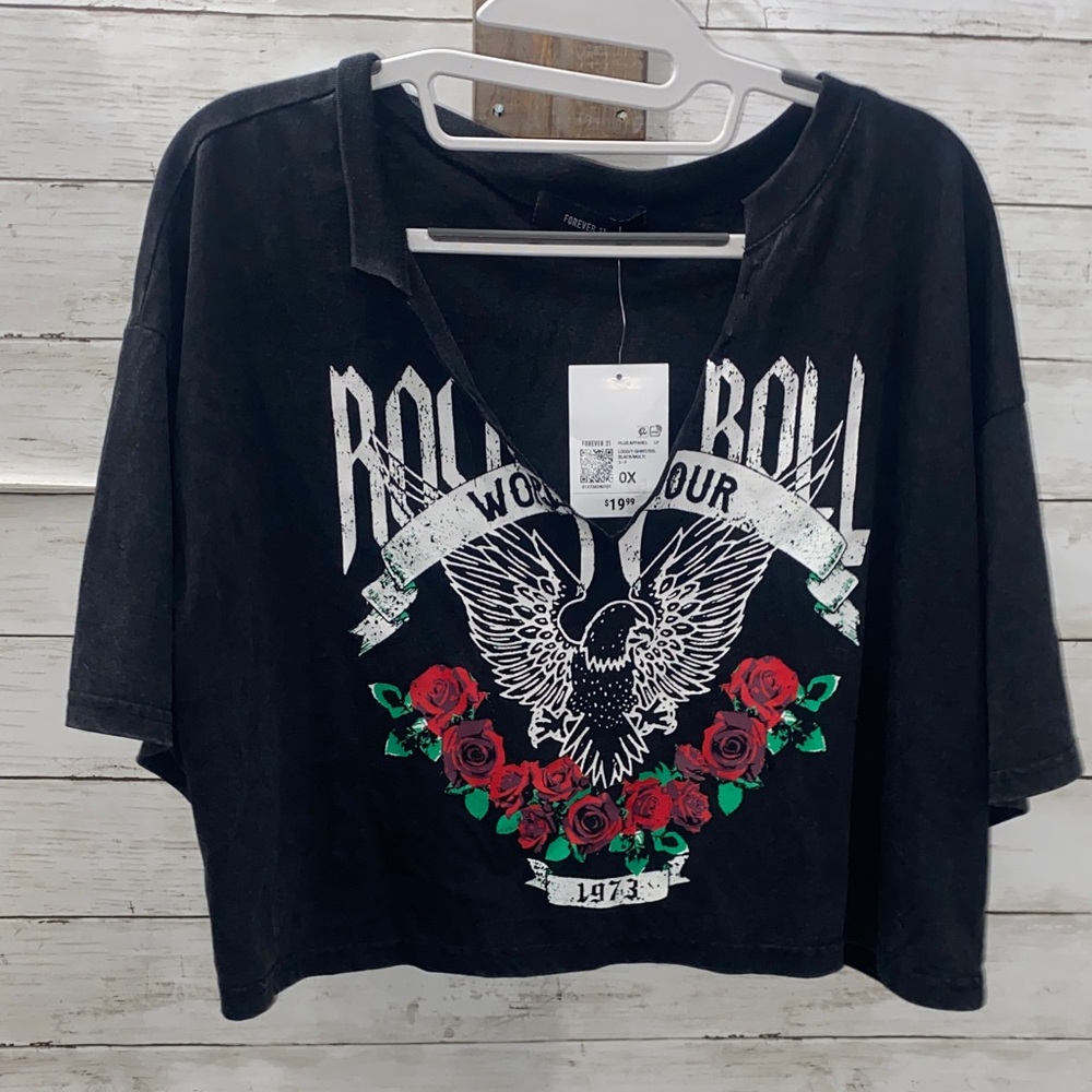 Forever 21 Black Rock & Roll Graphic‎ Crop Top